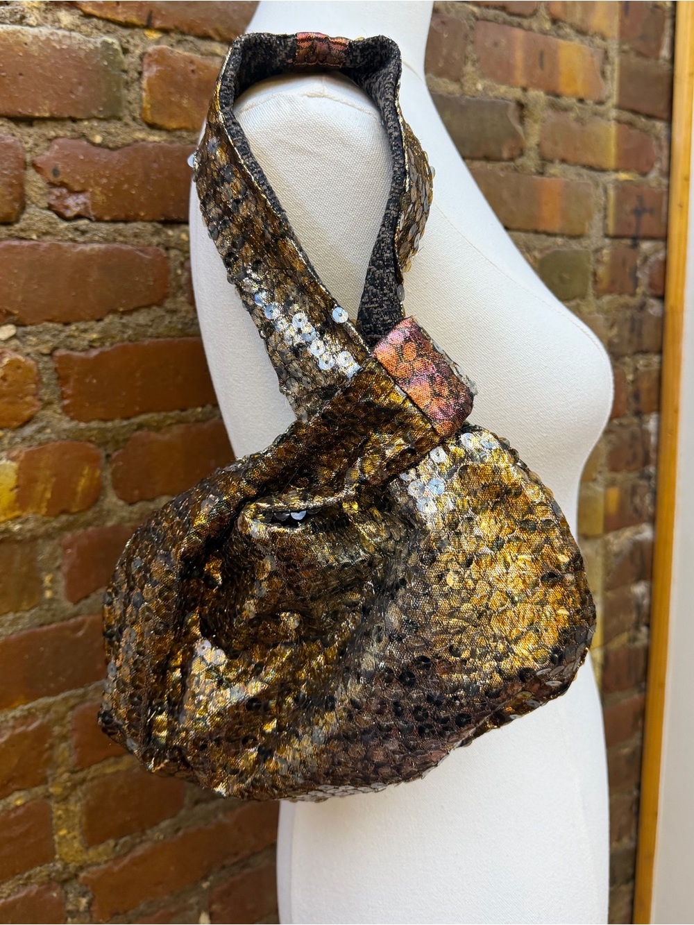 Gladys Perez Metallic Gold and Brown Sequin Hobo Bag